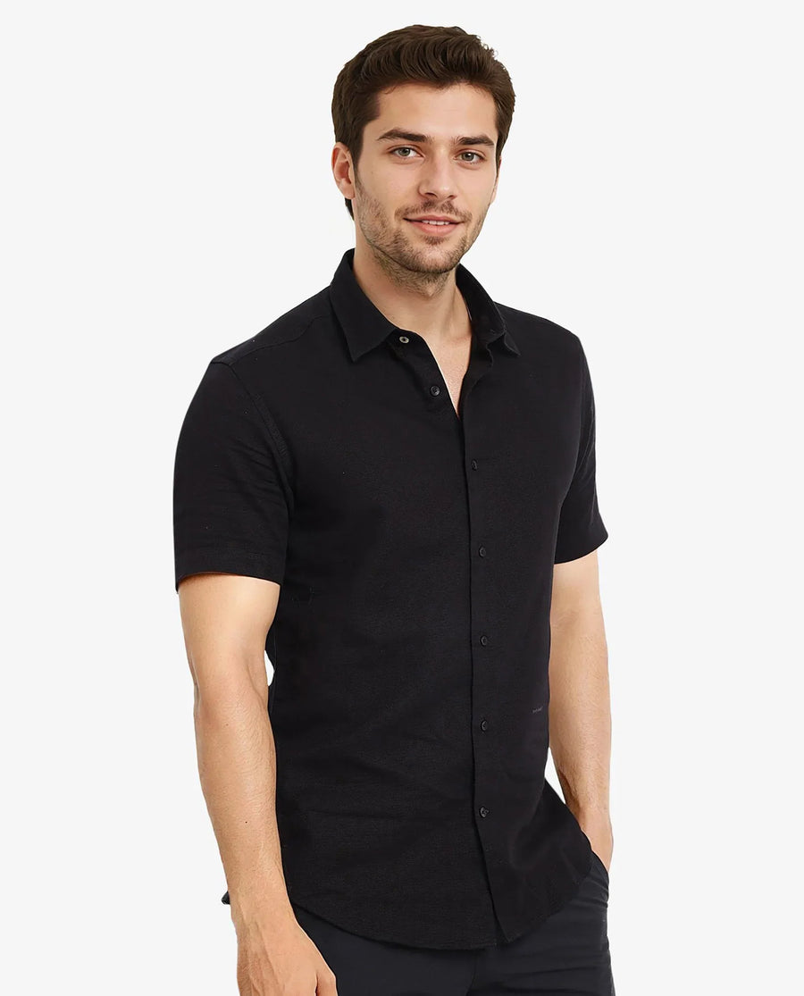 Rare Rabbit Men's Matto-1 Black Cotton Striped Print Boxy Fit Half Sleeve Collared Shirt