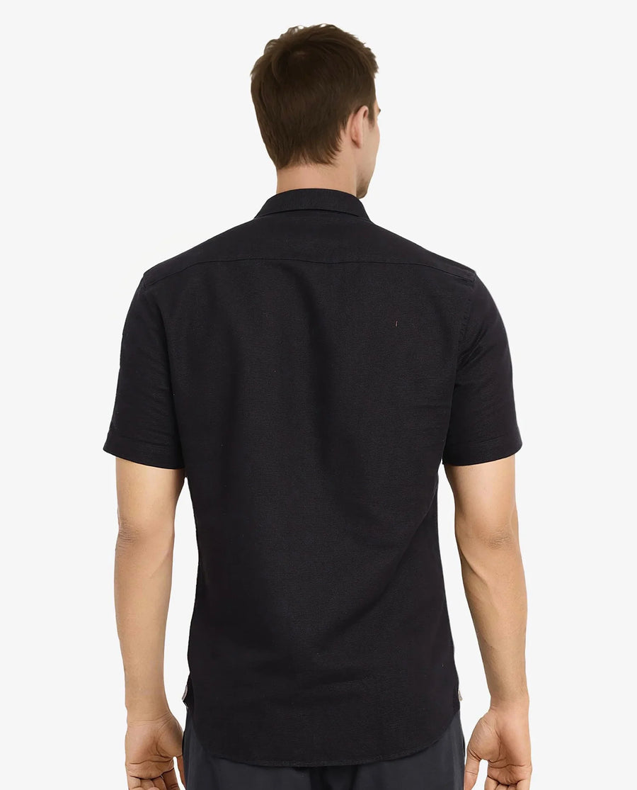 Rare Rabbit Men's Matto-1 Black Cotton Striped Print Boxy Fit Half Sleeve Collared Shirt