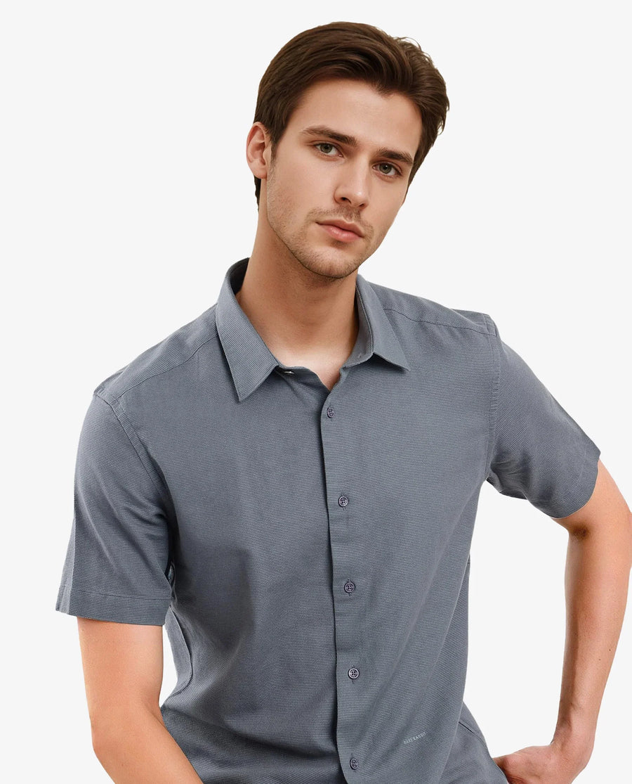 Rare Rabbit Men's Matto-1 Dusky Petrol Cotton Striped Print Boxy Fit Half Sleeve Collared Shirt