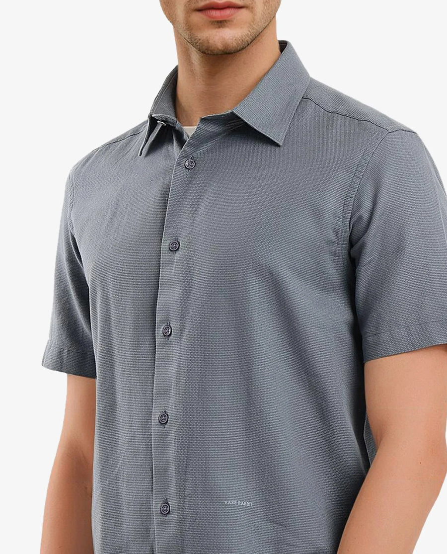 Rare Rabbit Men's Matto-1 Dusky Petrol Cotton Striped Print Boxy Fit Half Sleeve Collared Shirt