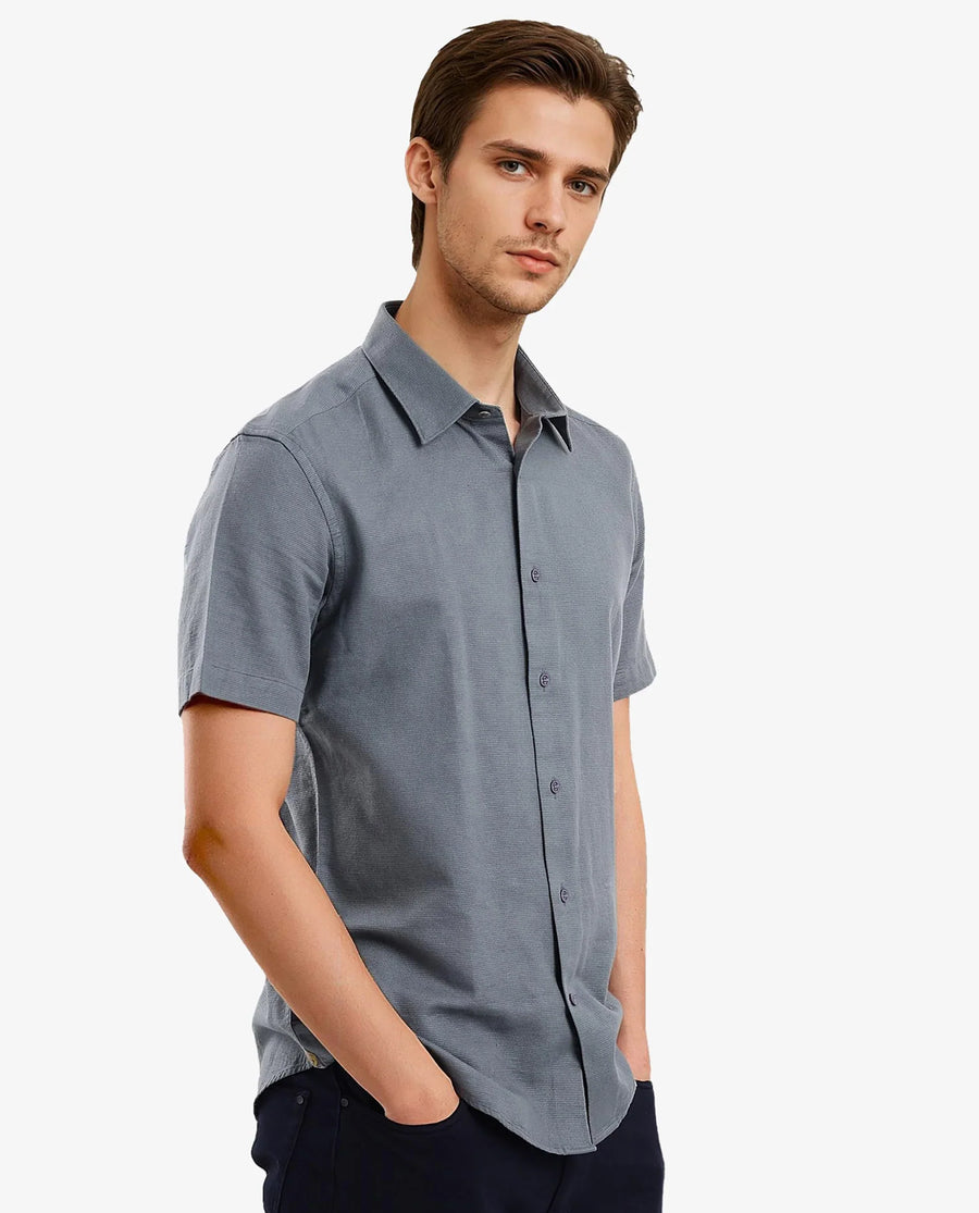 Rare Rabbit Men's Matto-1 Dusky Petrol Cotton Striped Print Boxy Fit Half Sleeve Collared Shirt