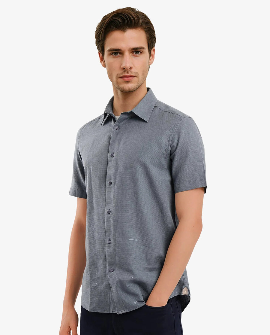 Rare Rabbit Men's Matto-1 Dusky Petrol Cotton Striped Print Boxy Fit Half Sleeve Collared Shirt