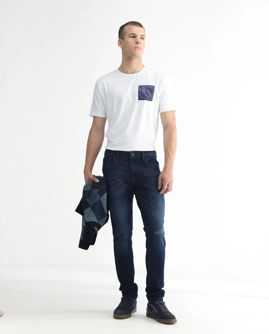 Rare Rabbit Men's Movado Blue Cotton Plain Hawk Slim Fit Jeans