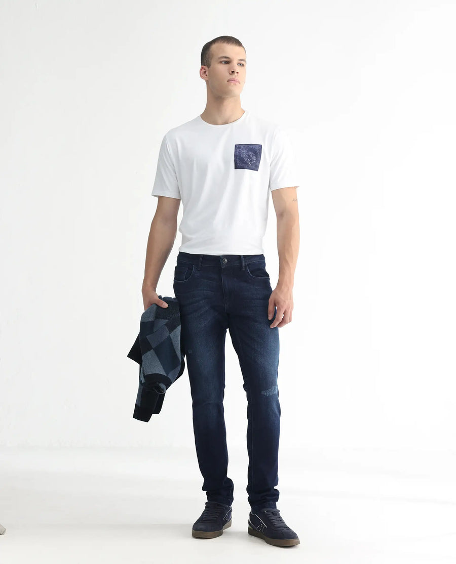 Rare Rabbit Men's Movado Blue Cotton Plain Hawk Slim Fit Jeans