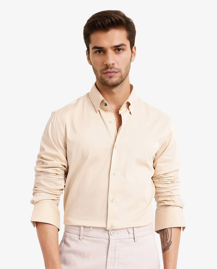 Rare Rabbit Men's Mawz Light Yellow Cotton Plain Regular Fit Full Sleeve Collared Shirt