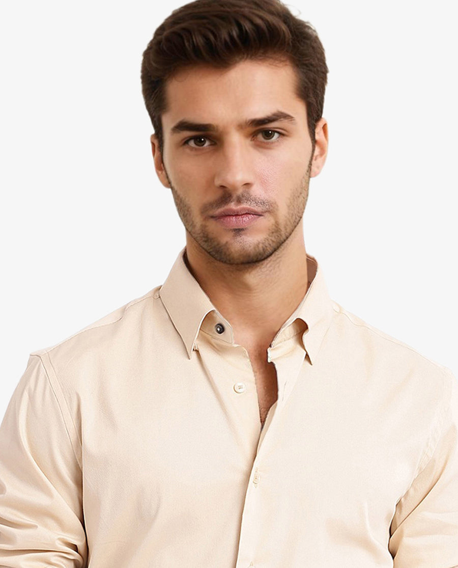 Rare Rabbit Men's Mawz Light Yellow Cotton Plain Regular Fit Full Sleeve Collared Shirt