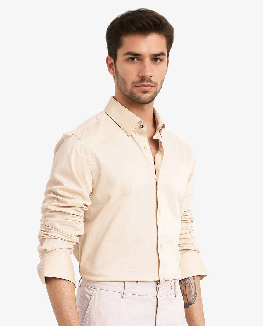 Rare Rabbit Men's Mawz Light Yellow Cotton Plain Regular Fit Full Sleeve Collared Shirt