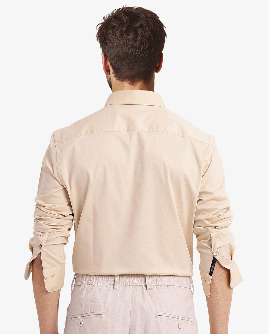 Rare Rabbit Men's Mawz Light Yellow Cotton Plain Regular Fit Full Sleeve Collared Shirt