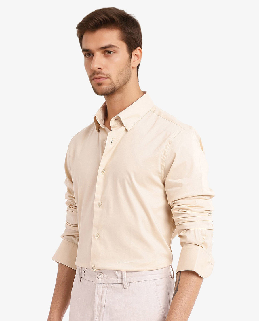 Rare Rabbit Men's Mawz Light Yellow Cotton Plain Regular Fit Full Sleeve Collared Shirt