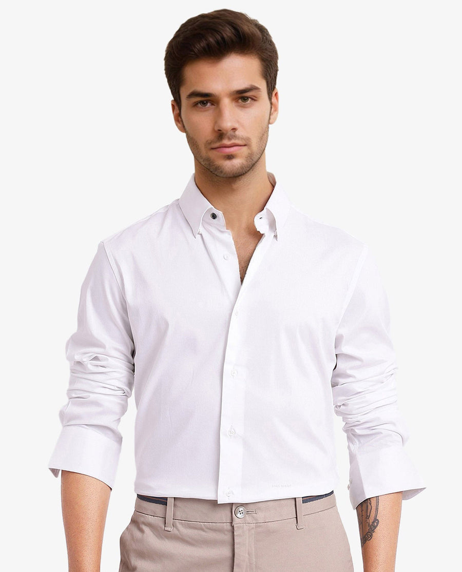 Rare Rabbit Men's Mawz White Cotton Blend Plain Regular Fit Full Sleeve Collared Shirt
