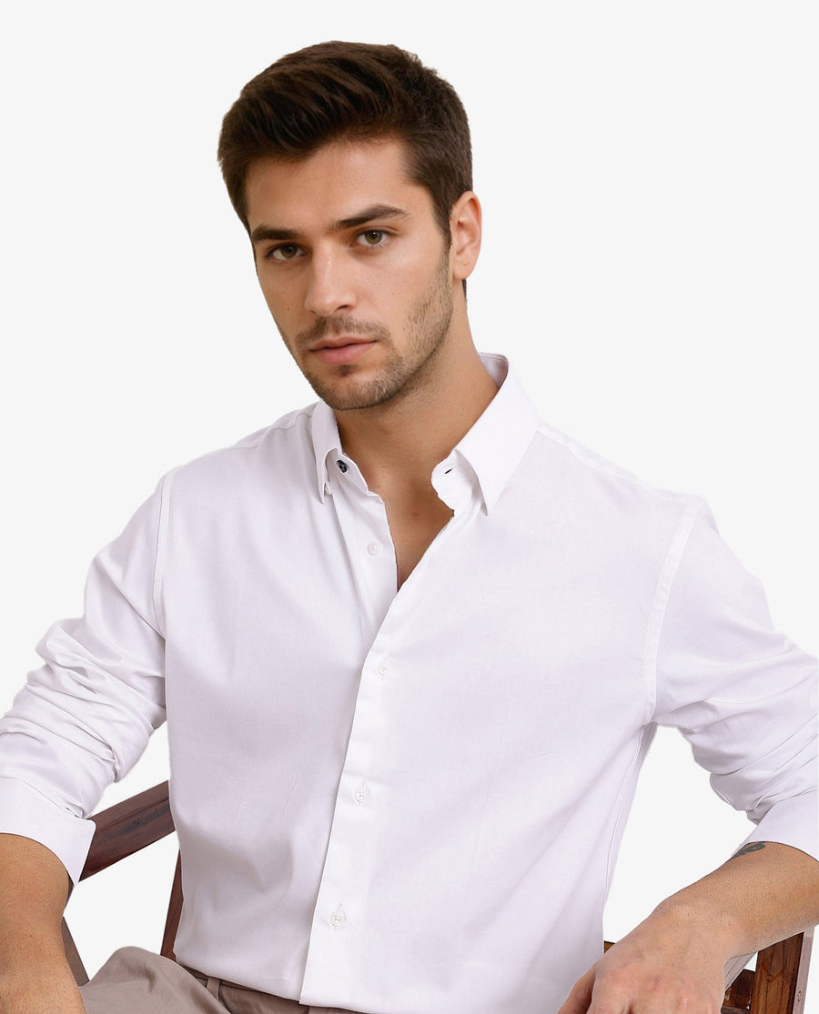 Rare Rabbit Men's Mawz White Cotton Blend Plain Regular Fit Full Sleeve Collared Shirt