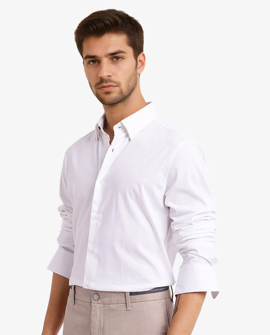 Rare Rabbit Men's Mawz White Cotton Blend Plain Regular Fit Full Sleeve Collared Shirt