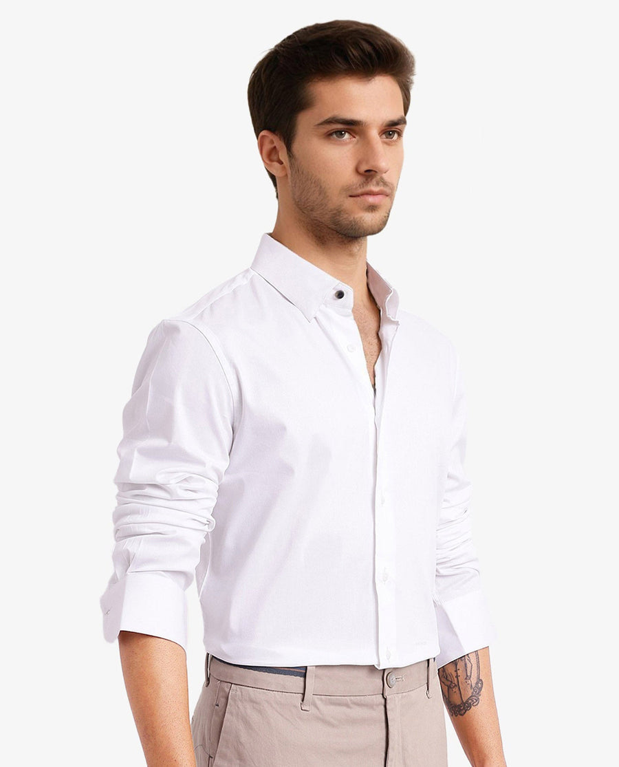 Rare Rabbit Men's Mawz White Cotton Blend Plain Regular Fit Full Sleeve Collared Shirt