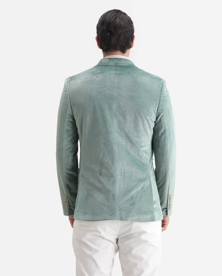Rare Rabbit Men's Mazey Green Velvet Plain Tailored Fit Full Sleeve Lapel Neck Blazer