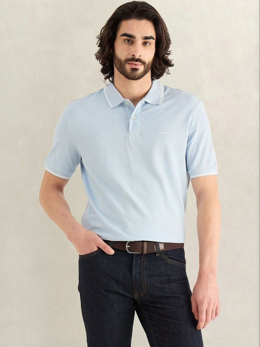 Gant Men Sky Blue Solid Regular Fit Pique Polo T-Shirt