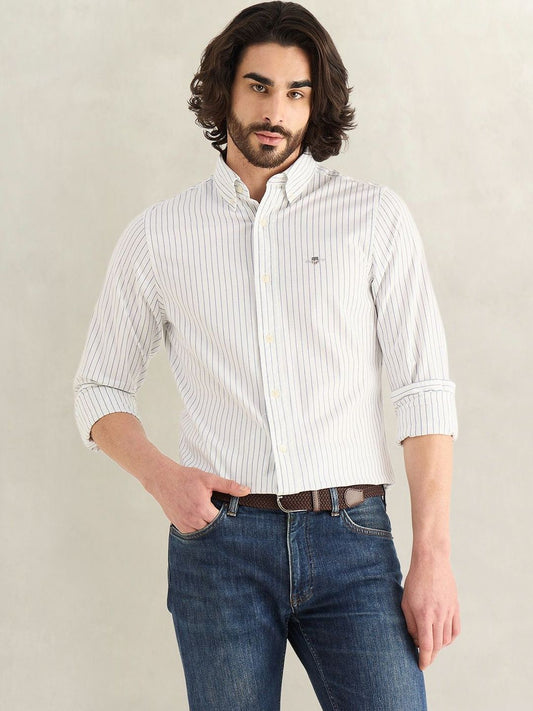 Gant Men White Striped Slim Fit Oxford Shirt
