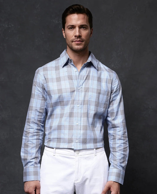 Rare Rabbit Men's Mead Blue Cotton Checked Print Regular Fit Full Sleeve Collared Shirt
