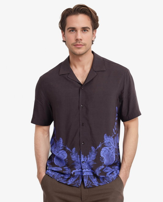 Rare Rabbit Men's Meb Dark Brown Viscose Printed Boxy Fit Half Sleeve Cuban Collar Shirt