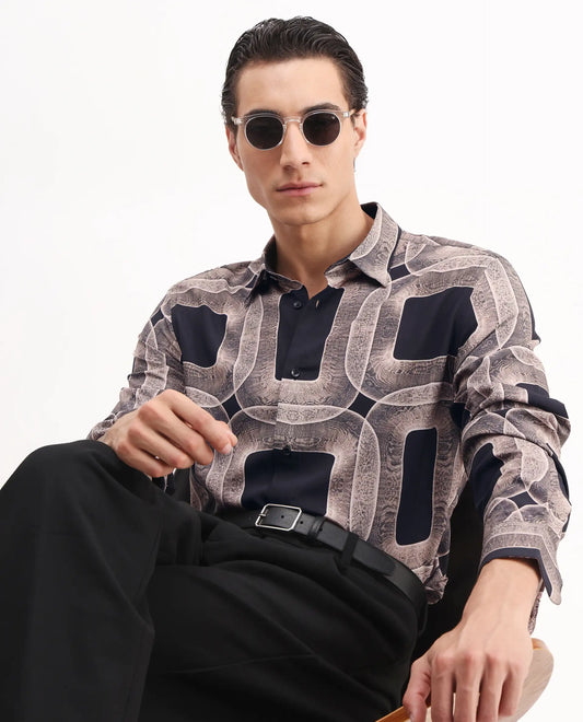 Rare Rabbit Men's Mecro-25 Black Viscose Geometric Print Regular Fit Full Sleeve Collared Shirt