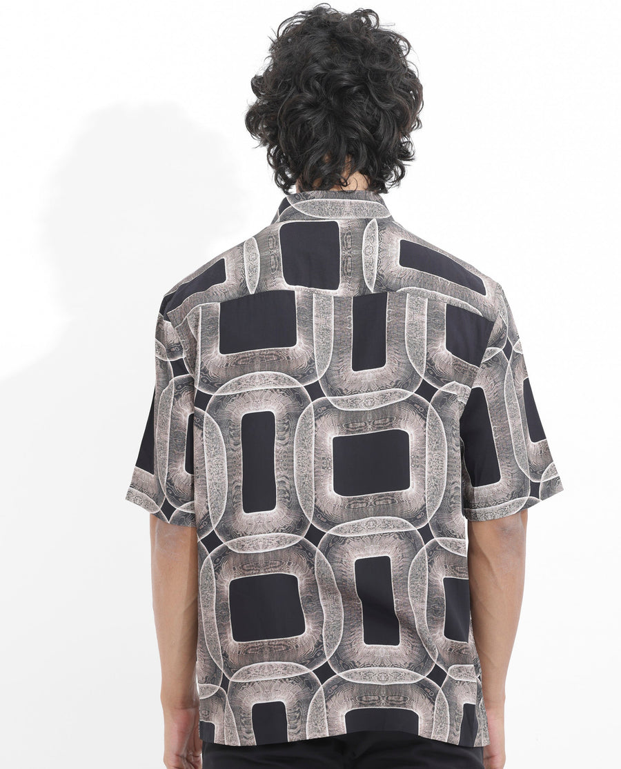 Rare Rabbit Men's Mecro Ss Brown Viscose Abstract Print Boxy Fit Half Sleeve Collared Shirt