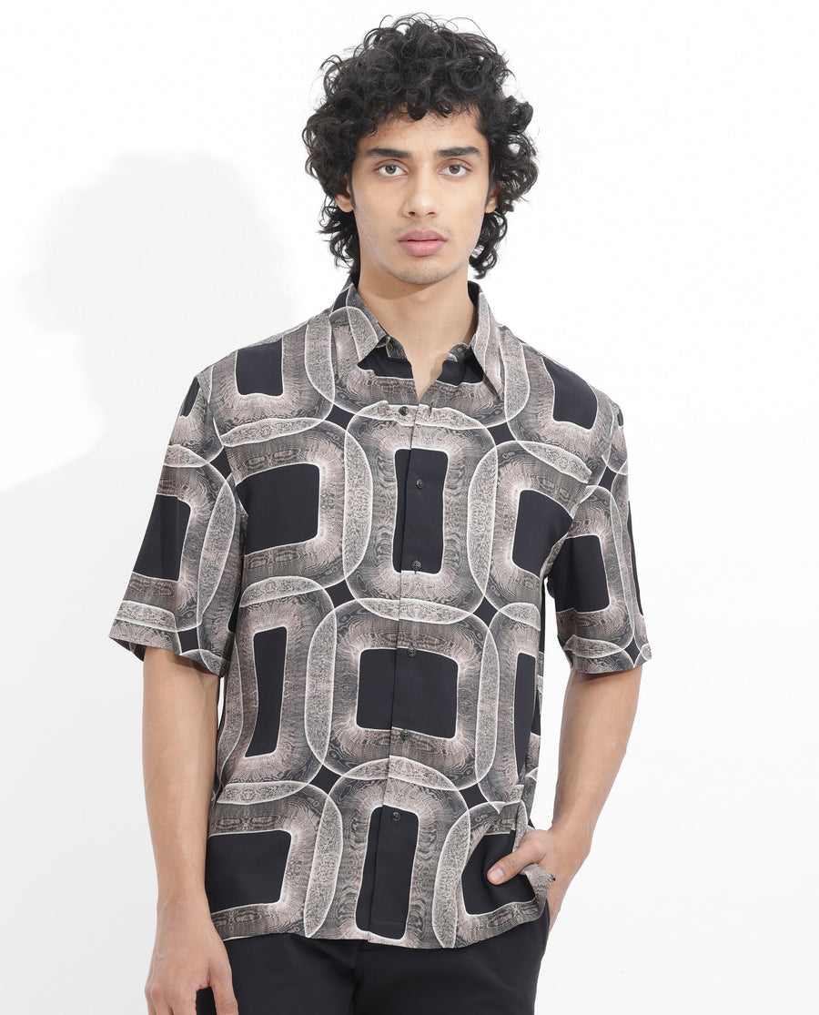 Rare Rabbit Men's Mecro Ss Brown Viscose Abstract Print Boxy Fit Half Sleeve Collared Shirt