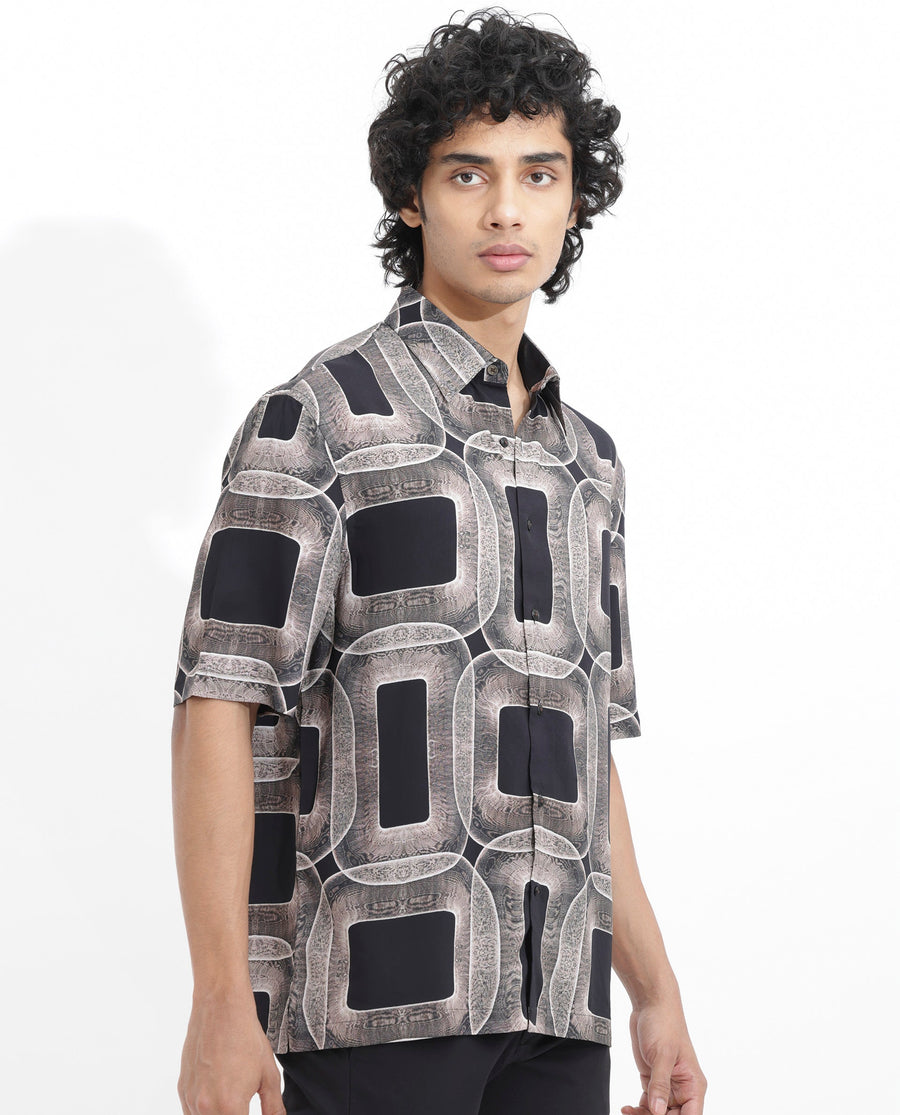 Rare Rabbit Men's Mecro Ss Brown Viscose Abstract Print Boxy Fit Half Sleeve Collared Shirt