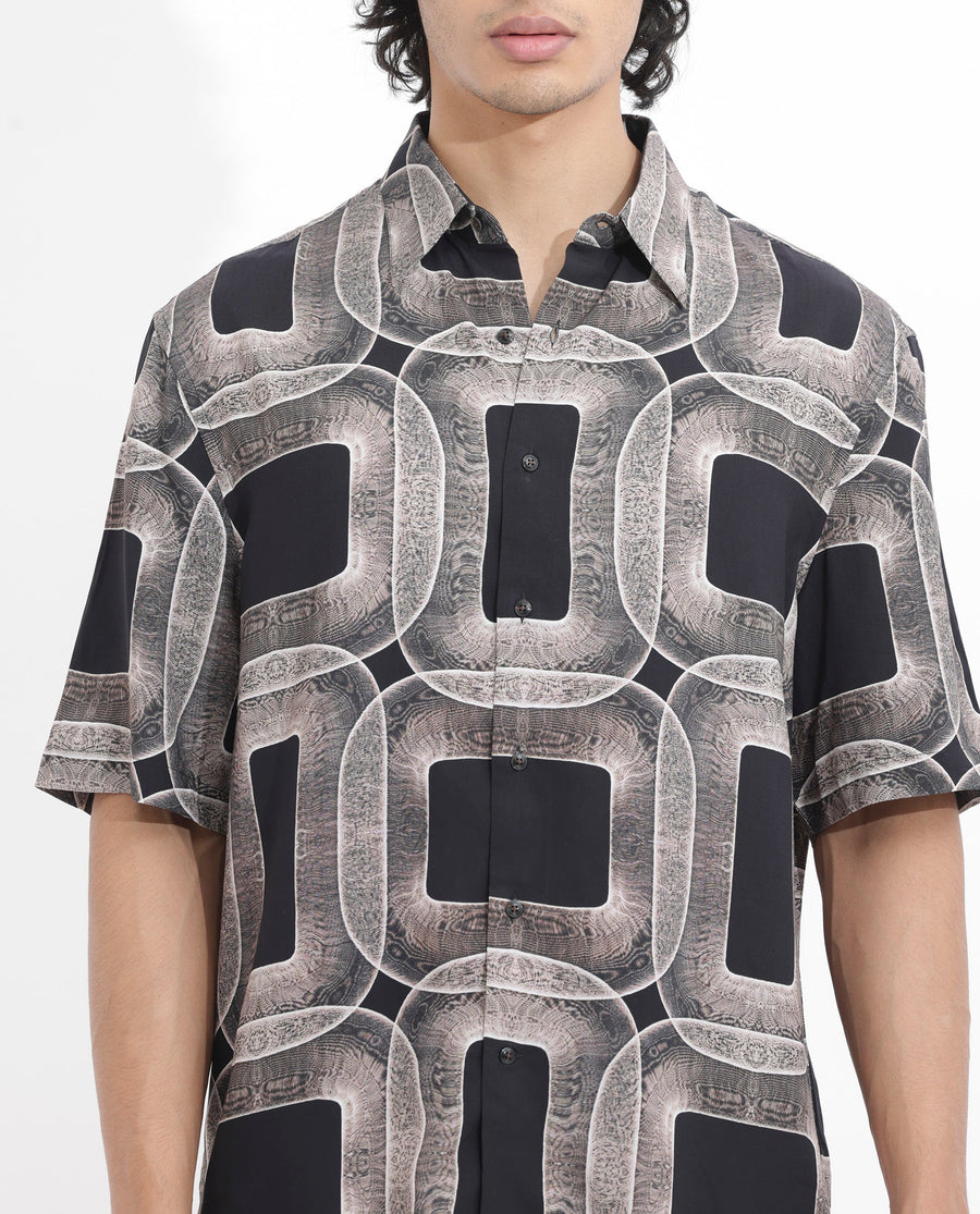 Rare Rabbit Men's Mecro Ss Brown Viscose Abstract Print Boxy Fit Half Sleeve Collared Shirt