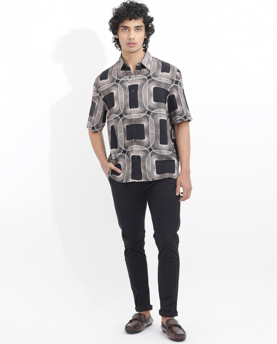 Rare Rabbit Men's Mecro Ss Brown Viscose Abstract Print Boxy Fit Half Sleeve Collared Shirt
