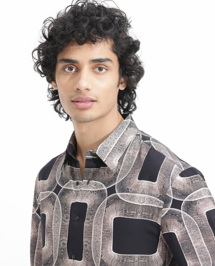 Rare Rabbit Men's Mecro Ss Brown Viscose Abstract Print Boxy Fit Half Sleeve Collared Shirt