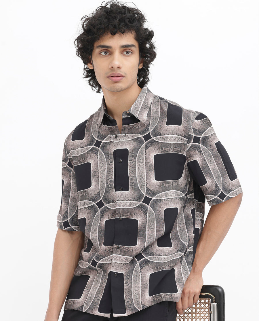 Rare Rabbit Men's Mecro Ss Brown Viscose Abstract Print Boxy Fit Half Sleeve Collared Shirt