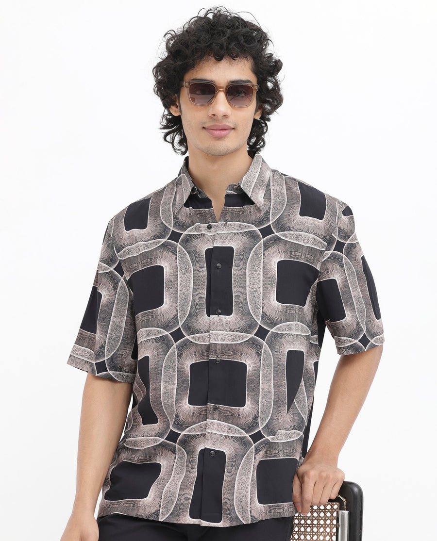 Rare Rabbit Men's Mecro Ss Brown Viscose Abstract Print Boxy Fit Half Sleeve Collared Shirt