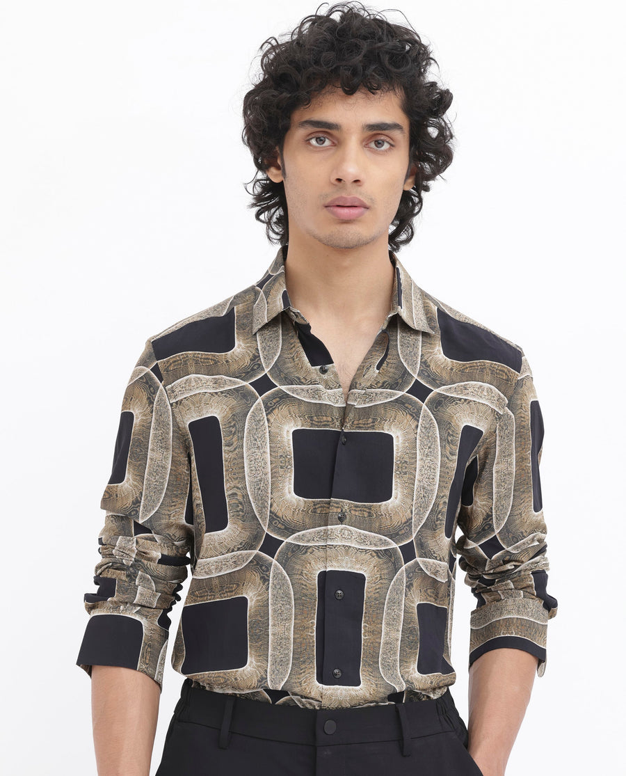 Rare Rabbit Men's Mecro Ls Mustard Viscose Abstract Print Regular Fit Full Sleeve Collared Shirt