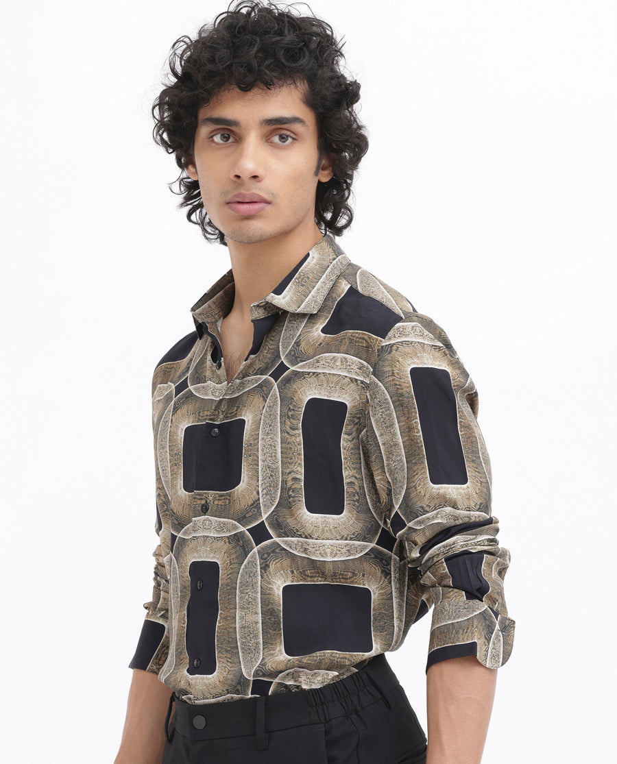 Rare Rabbit Men's Mecro Ls Mustard Viscose Abstract Print Regular Fit Full Sleeve Collared Shirt