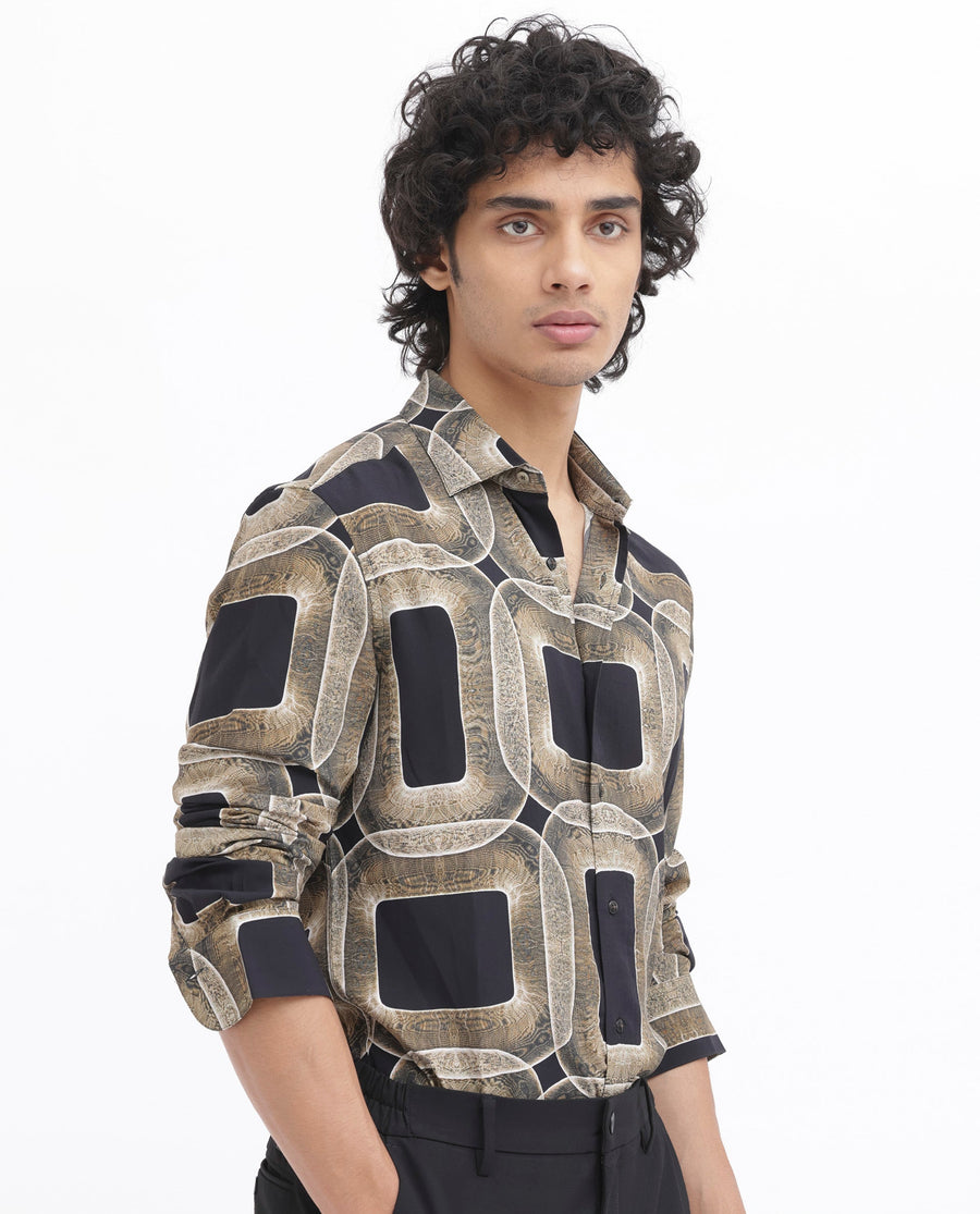 Rare Rabbit Men's Mecro Ls Mustard Viscose Abstract Print Regular Fit Full Sleeve Collared Shirt