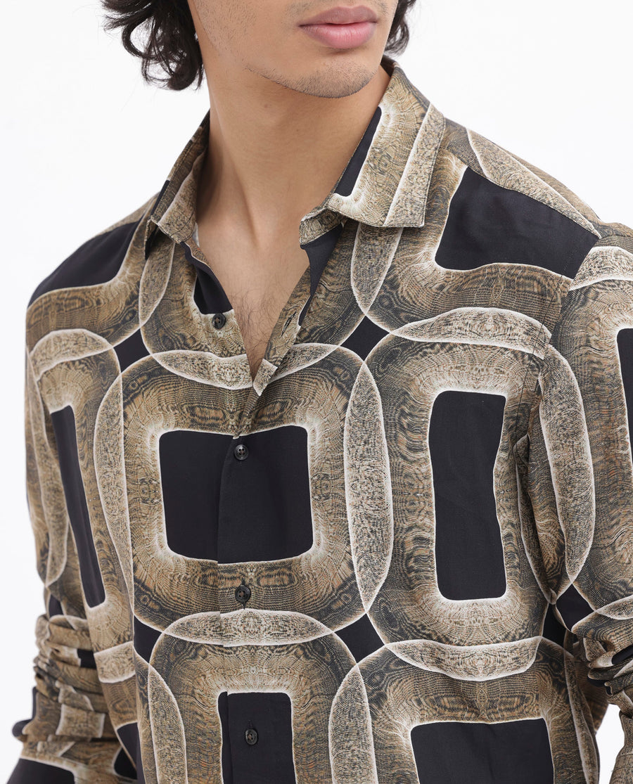 Rare Rabbit Men's Mecro Ls Mustard Viscose Abstract Print Regular Fit Full Sleeve Collared Shirt