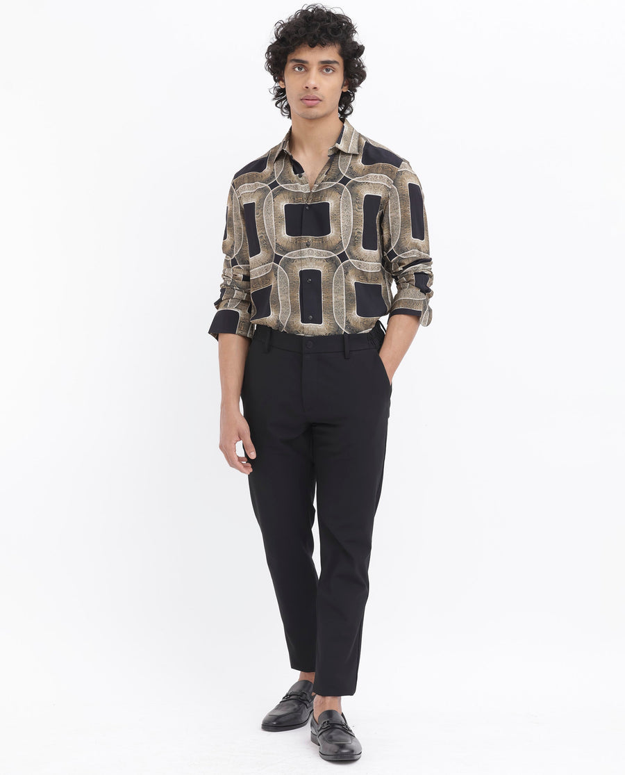 Rare Rabbit Men's Mecro Ls Mustard Viscose Abstract Print Regular Fit Full Sleeve Collared Shirt