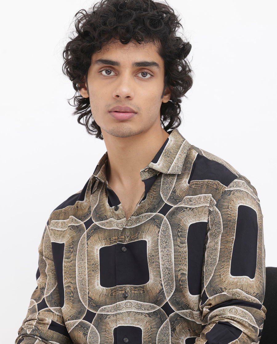 Rare Rabbit Men's Mecro Ls Mustard Viscose Abstract Print Regular Fit Full Sleeve Collared Shirt