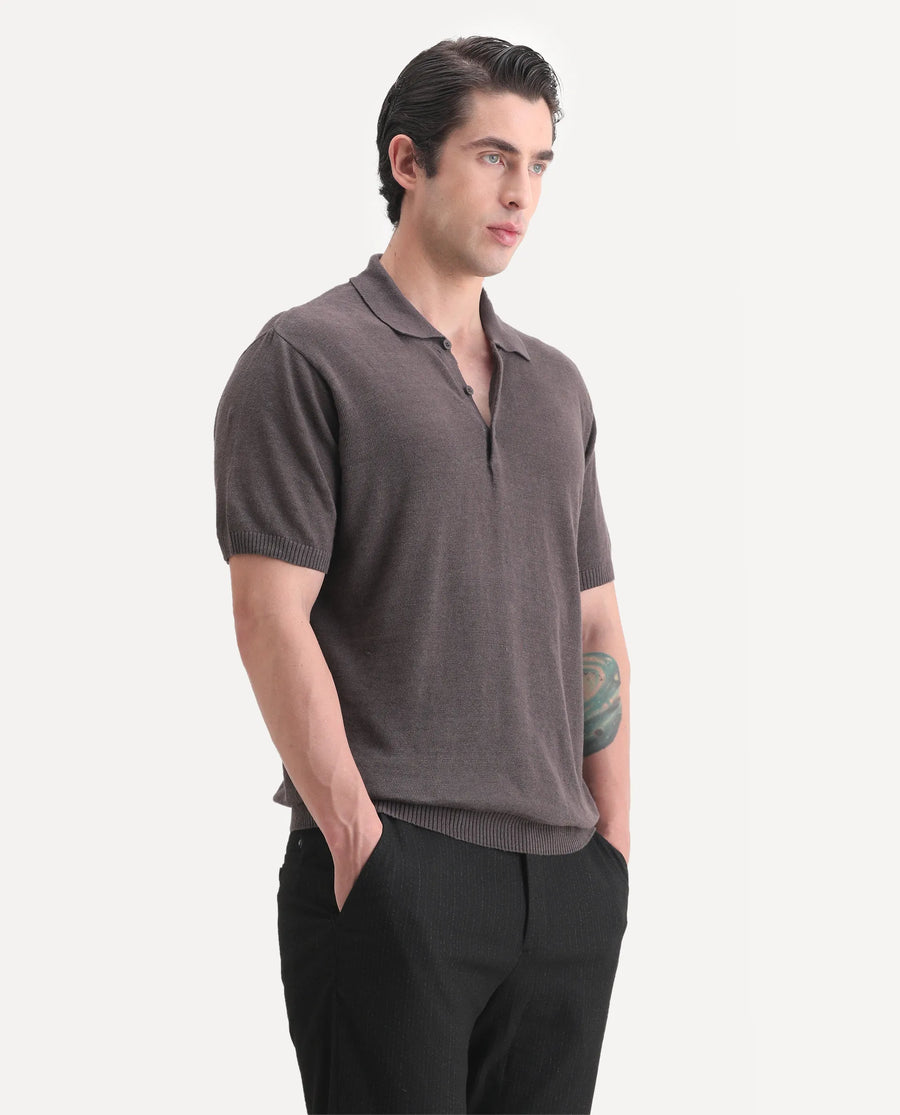 Rare Rabbit Men's Mekko-25 Dark Brown Cotton Blend Plain Regular Fit Half Sleeve Polo