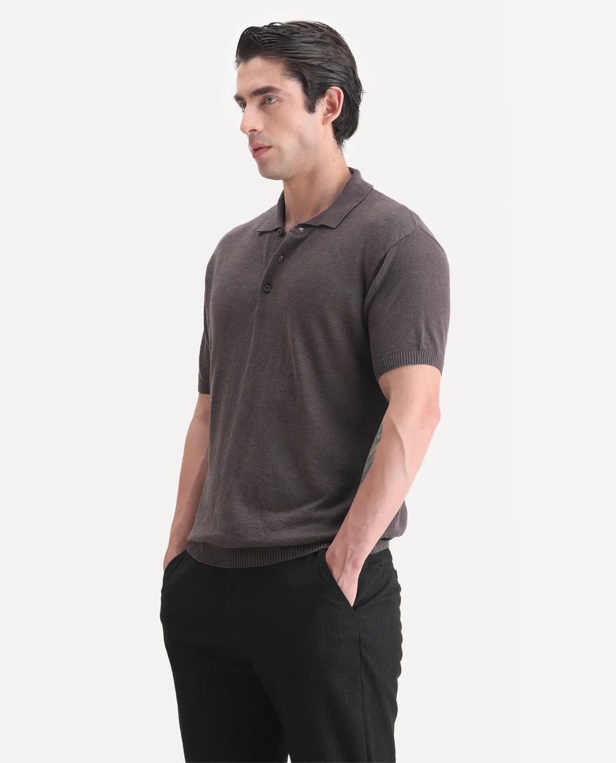Rare Rabbit Men's Mekko-25 Dark Brown Cotton Blend Plain Regular Fit Half Sleeve Polo