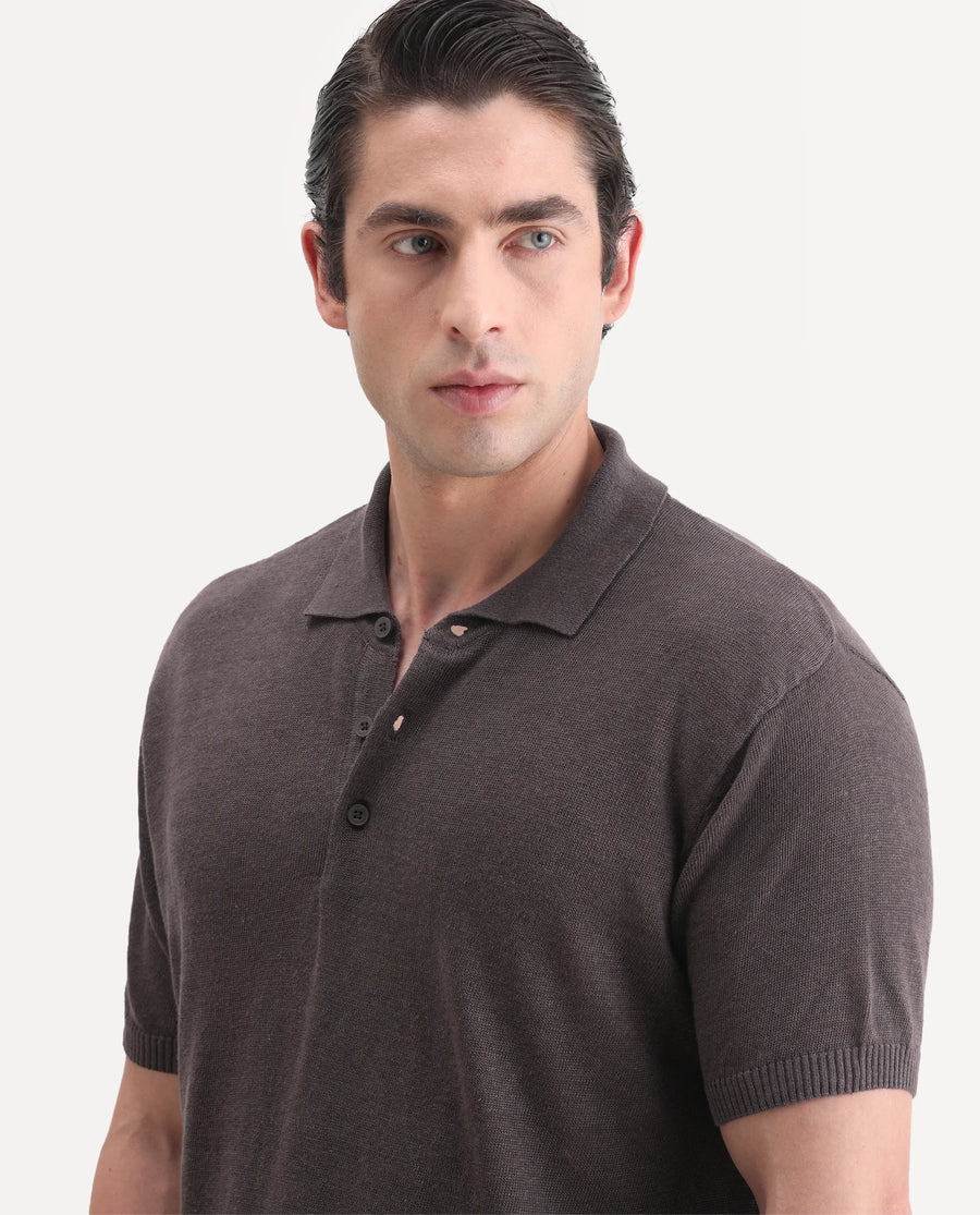 Rare Rabbit Men's Mekko-25 Dark Brown Cotton Blend Plain Regular Fit Half Sleeve Polo