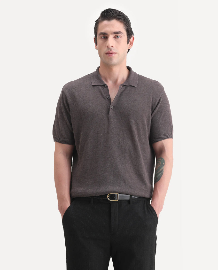 Rare Rabbit Men's Mekko-25 Dark Brown Cotton Blend Plain Regular Fit Half Sleeve Polo