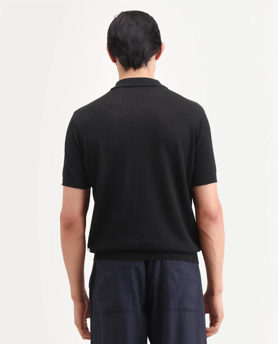 Rare Rabbit Men's Mekko-S26 Black Linen Blend Fabric Half Sleeve Spread Collar Regular Plain Polo