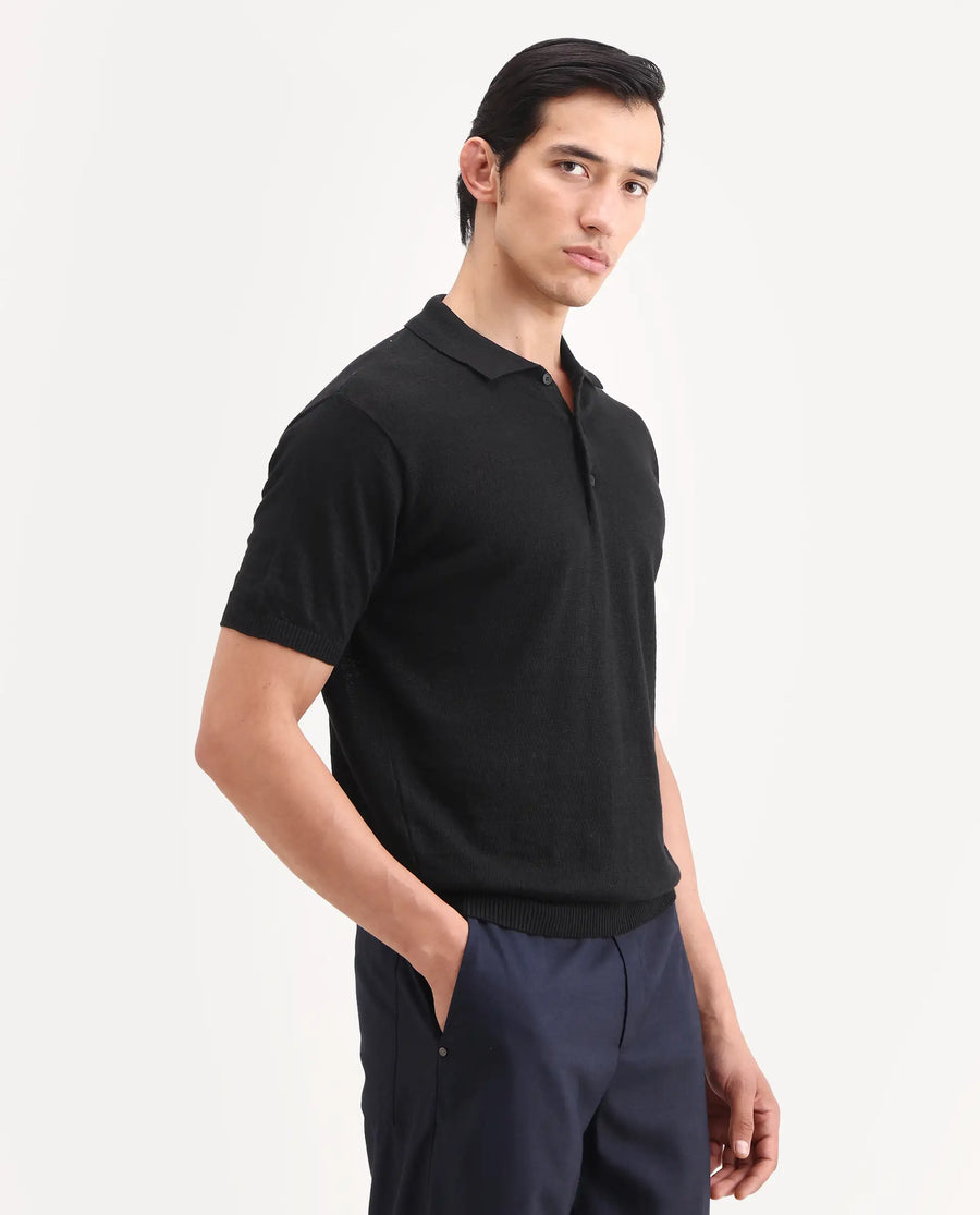 Rare Rabbit Men's Mekko-S26 Black Linen Blend Fabric Half Sleeve Spread Collar Regular Plain Polo