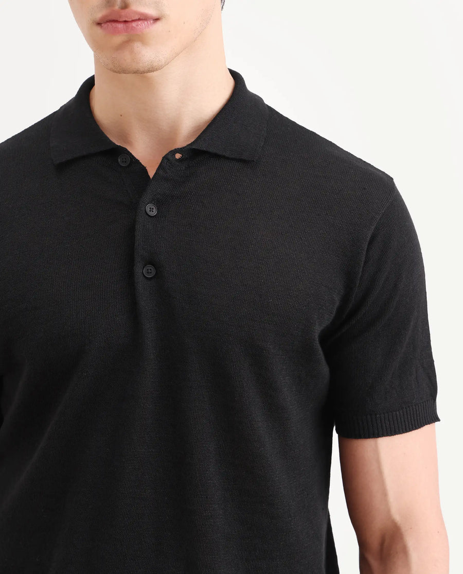 Rare Rabbit Men's Mekko-S26 Black Linen Blend Fabric Half Sleeve Spread Collar Regular Plain Polo