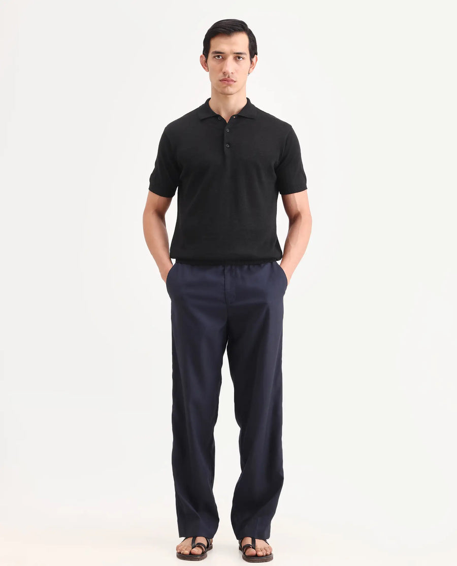 Rare Rabbit Men's Mekko-S26 Black Linen Blend Fabric Half Sleeve Spread Collar Regular Plain Polo