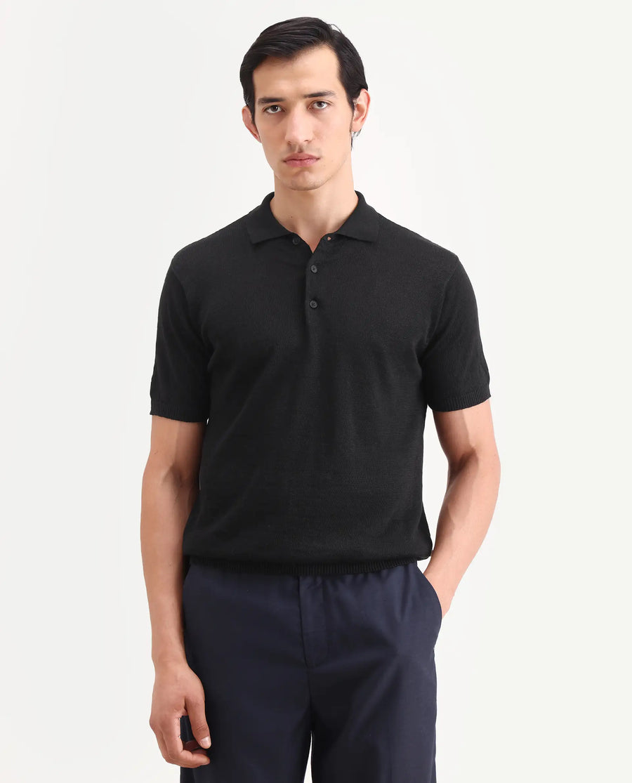 Rare Rabbit Men's Mekko-S26 Black Linen Blend Fabric Half Sleeve Spread Collar Regular Plain Polo