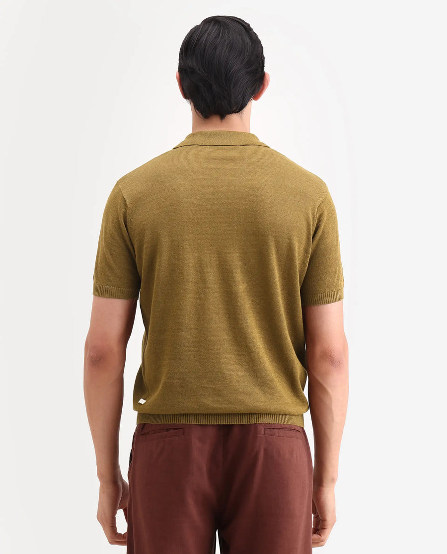 Rare Rabbit Men's Mekko-S26 Dusky Mustard Linen Blend Fabric Half Sleeve Spread Collar Regular Plain Polo