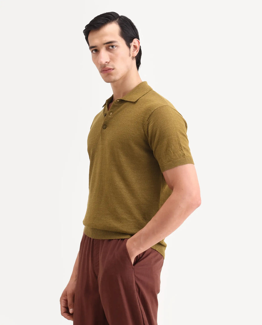 Rare Rabbit Men's Mekko-S26 Dusky Mustard Linen Blend Fabric Half Sleeve Spread Collar Regular Plain Polo