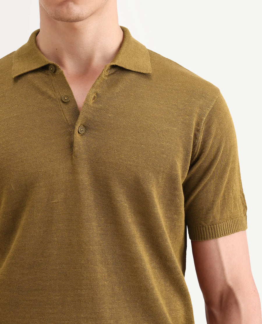 Rare Rabbit Men's Mekko-S26 Dusky Mustard Linen Blend Fabric Half Sleeve Spread Collar Regular Plain Polo