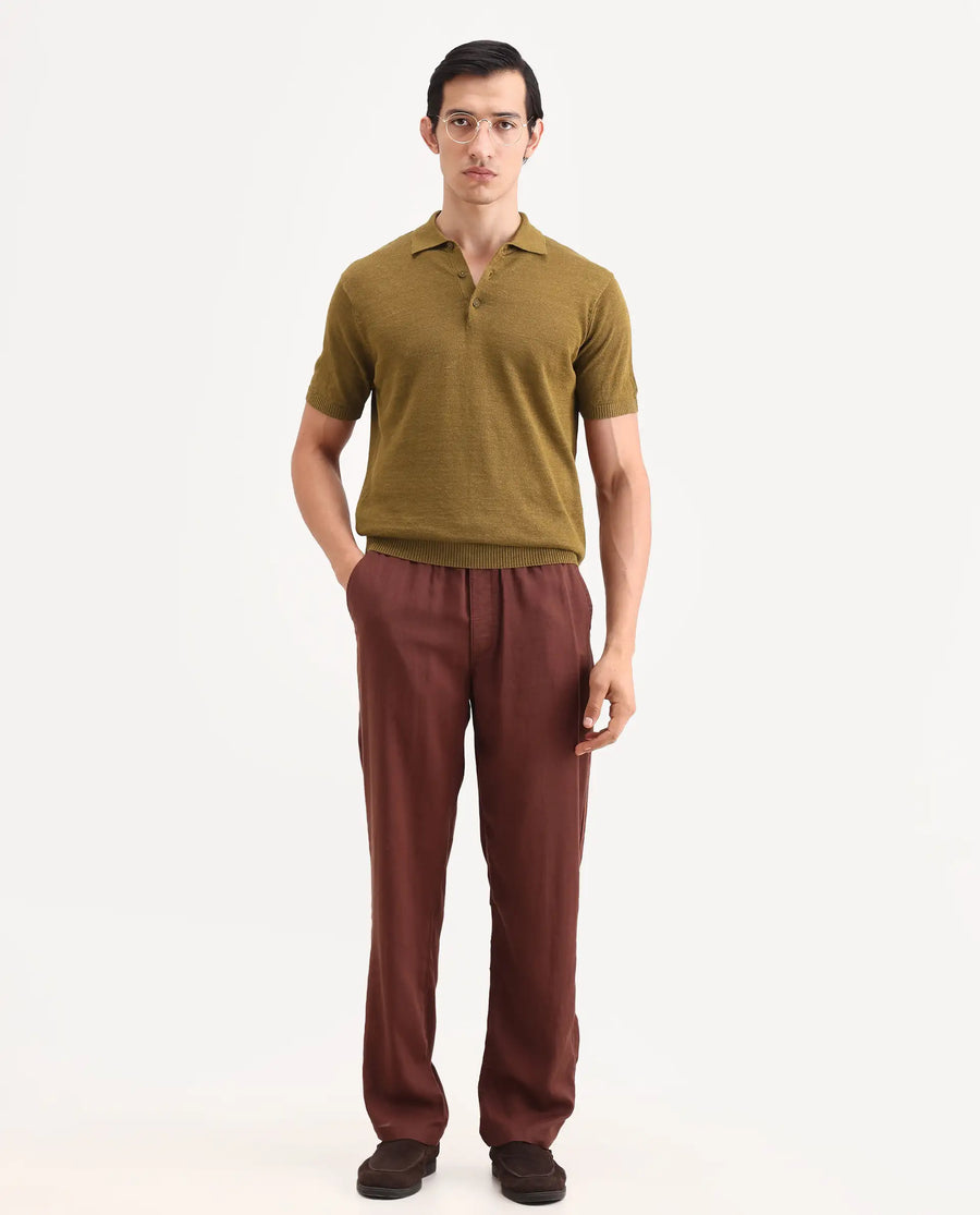Rare Rabbit Men's Mekko-S26 Dusky Mustard Linen Blend Fabric Half Sleeve Spread Collar Regular Plain Polo